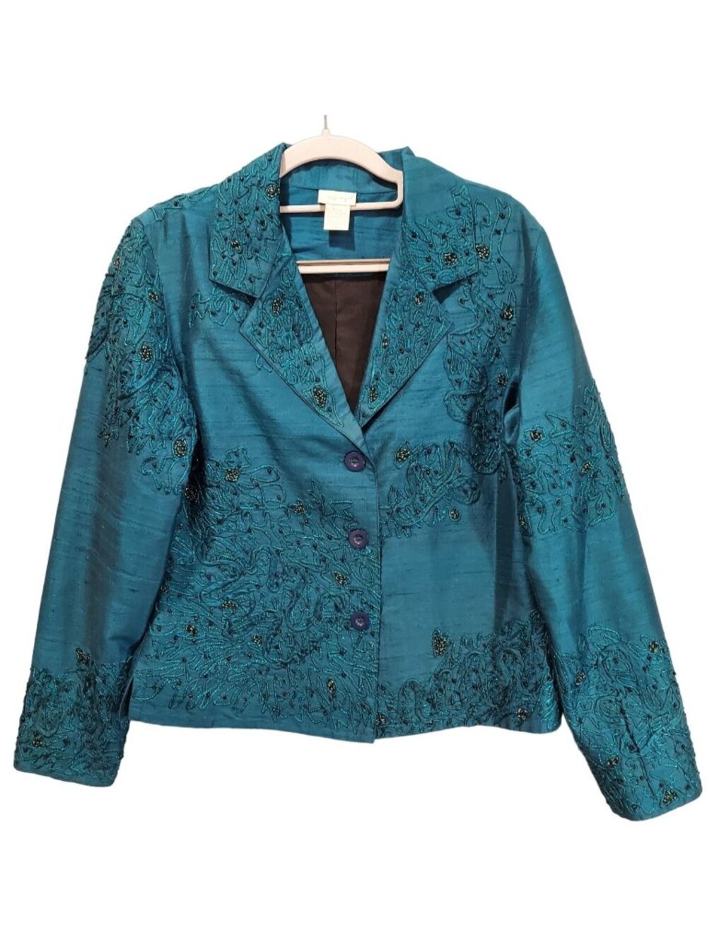 VTG Spiegel Womens S Turquoise Silk Jacket Beads Metallic Stitching Formal Party